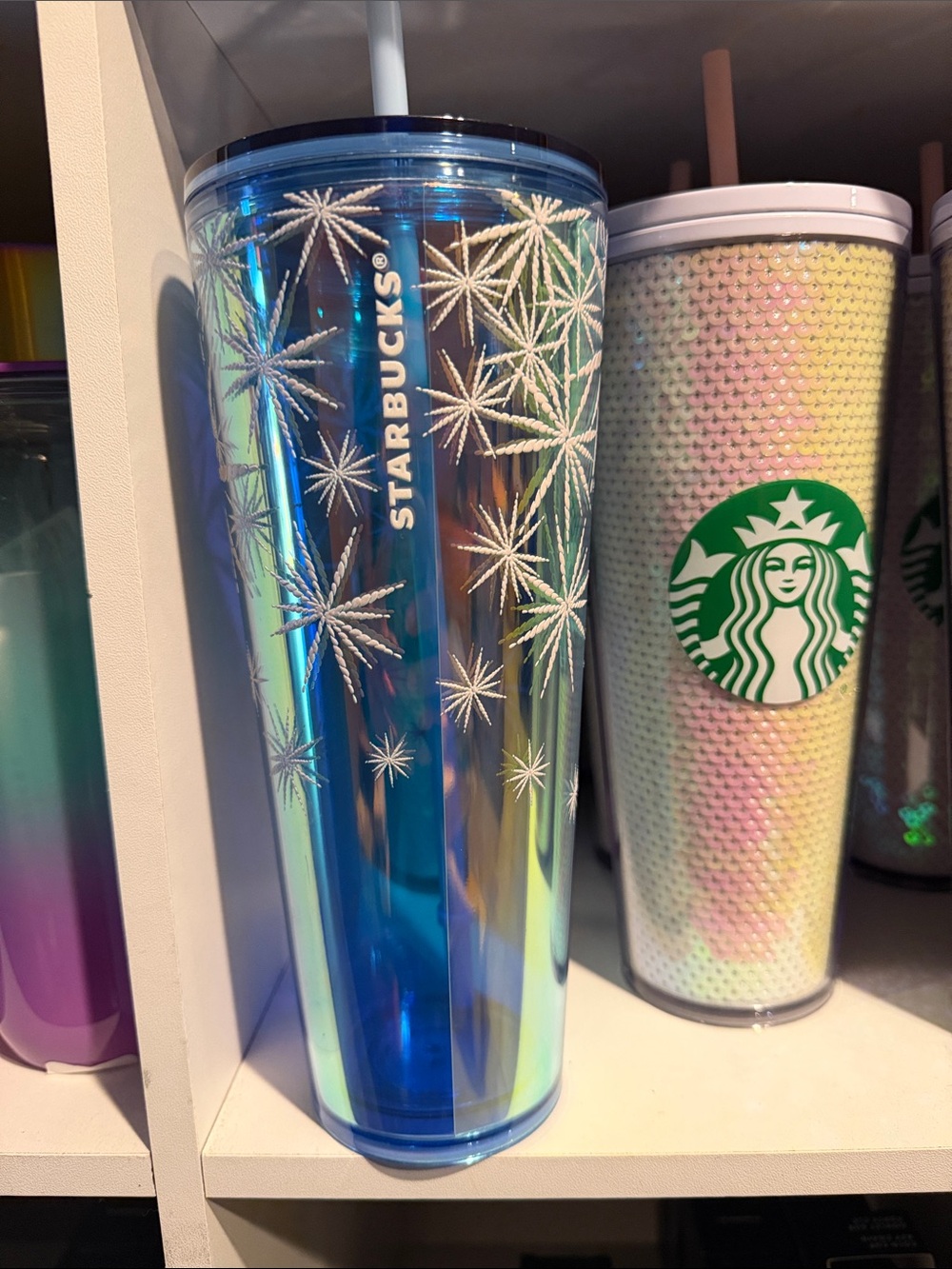 Starbucks Iridescent Blue Snowflake Tumbler with White Accents